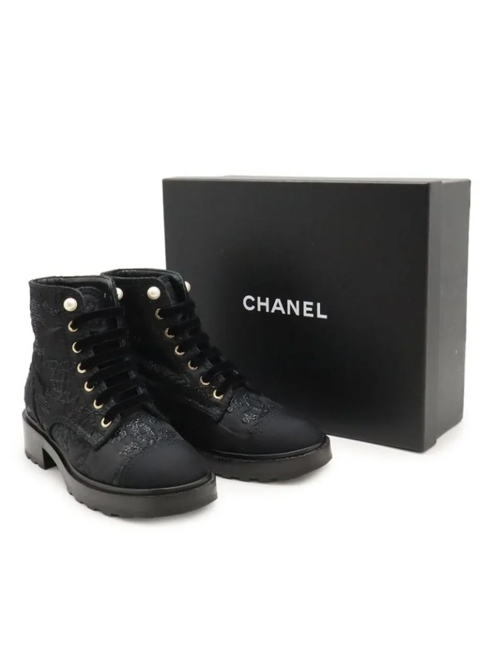 Chanel Coco Mark Short Boots Lace-Up Braided Fabric Pearl Black 38 C Size - Picture 9 of 9
